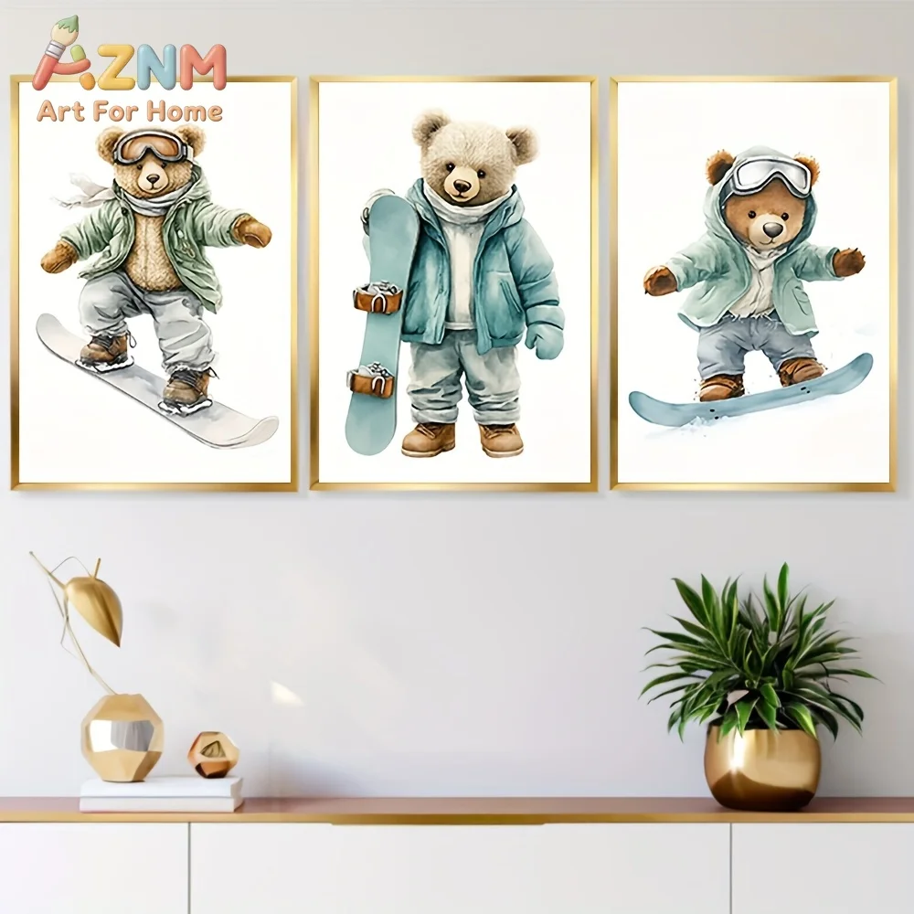 AZNM Watercolor Snowboard Bear Canvas Wall Art Winter Sport Teddy Bear Frameless Canvas Painting Nursery Kids Bedroom Home Decor