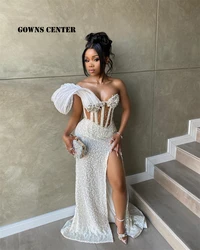 Luxious Silver Rhinestones White Beaded One Shoulder Aso Ebi Evening Dress Afican Elegant Dress For Wedding Party Evening gala