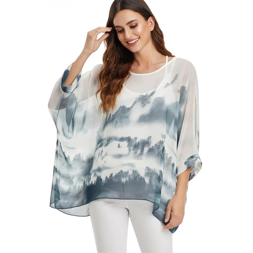 BHflutter-blusa blanca para mujer, camisa informal de gasa con estampado de ala de murciélago, ropa de calle de talla grande, Verano
