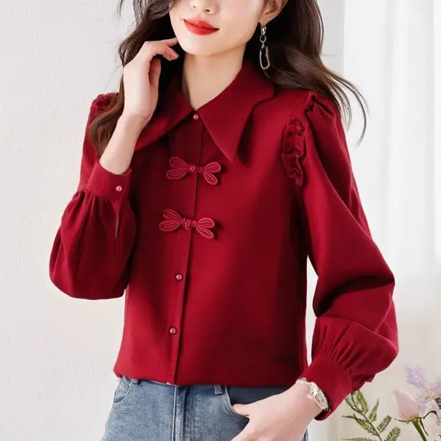 

Новая женская рубашка в китайском стиле с длинными рукавами, черная, с бантом на груди и ушками