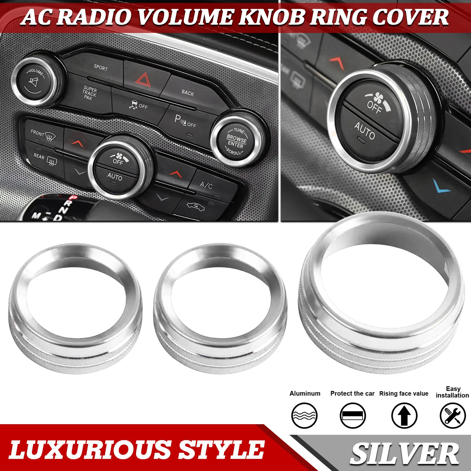 3pcs Silver AC Radio Control Switch Ring Volume Adjust Button Frame Sticker For Dodge Challenger/ Charger/Chrysler 300 2015-2021