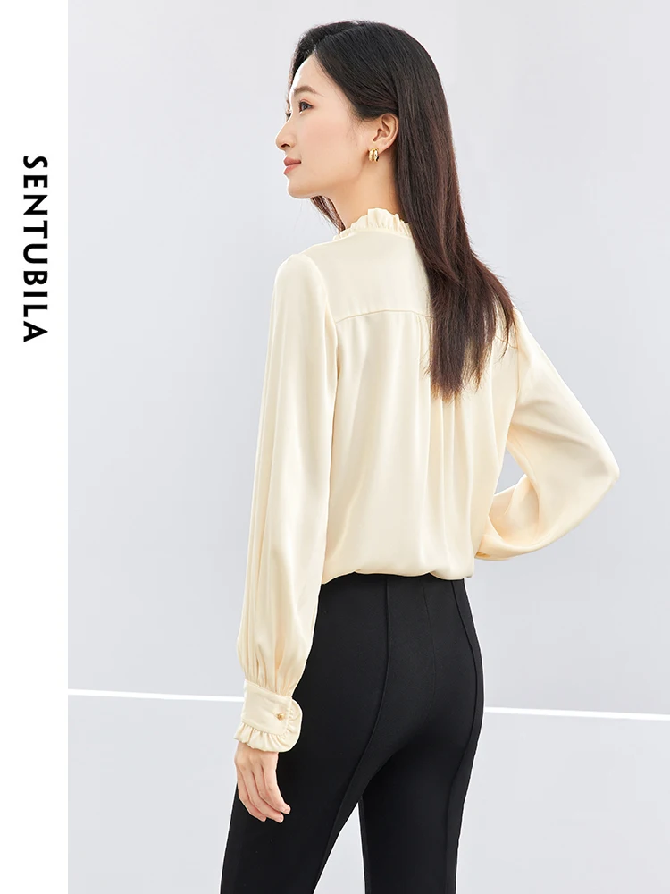 SENTUBILA Elegant French Satin Shirts Blouses Woman 2024 Spring Autumn Female V-neck Long Sleeve Tops Womens Clothes 141V53078