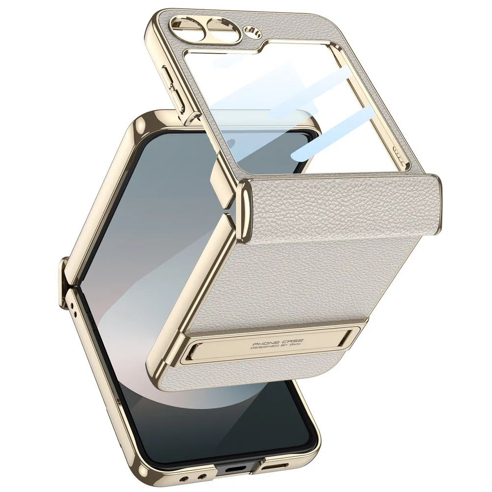 Etui z prostym skórzanym wykończeniem, ramką i uchwytem do Samsunga Z Galaxy Flip 7 FE 6 5 5G z szklaną folią ochronną. — zdjęcie produktu 5