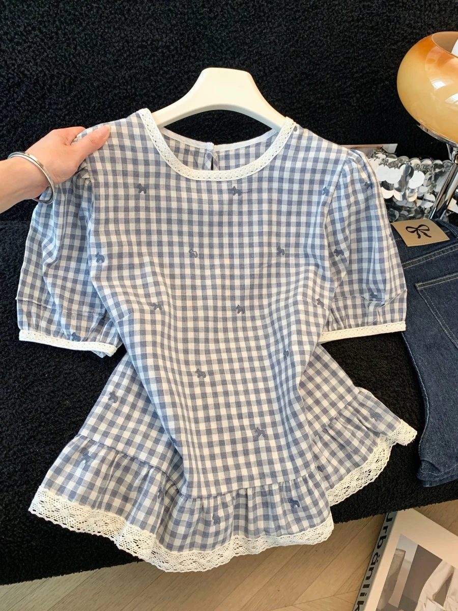

Blue Embroidered Lace Trim Patchwork Plaid Women's Shirt Summer New Style Bubble Sleeve Top Color Block Trendy Good Looking