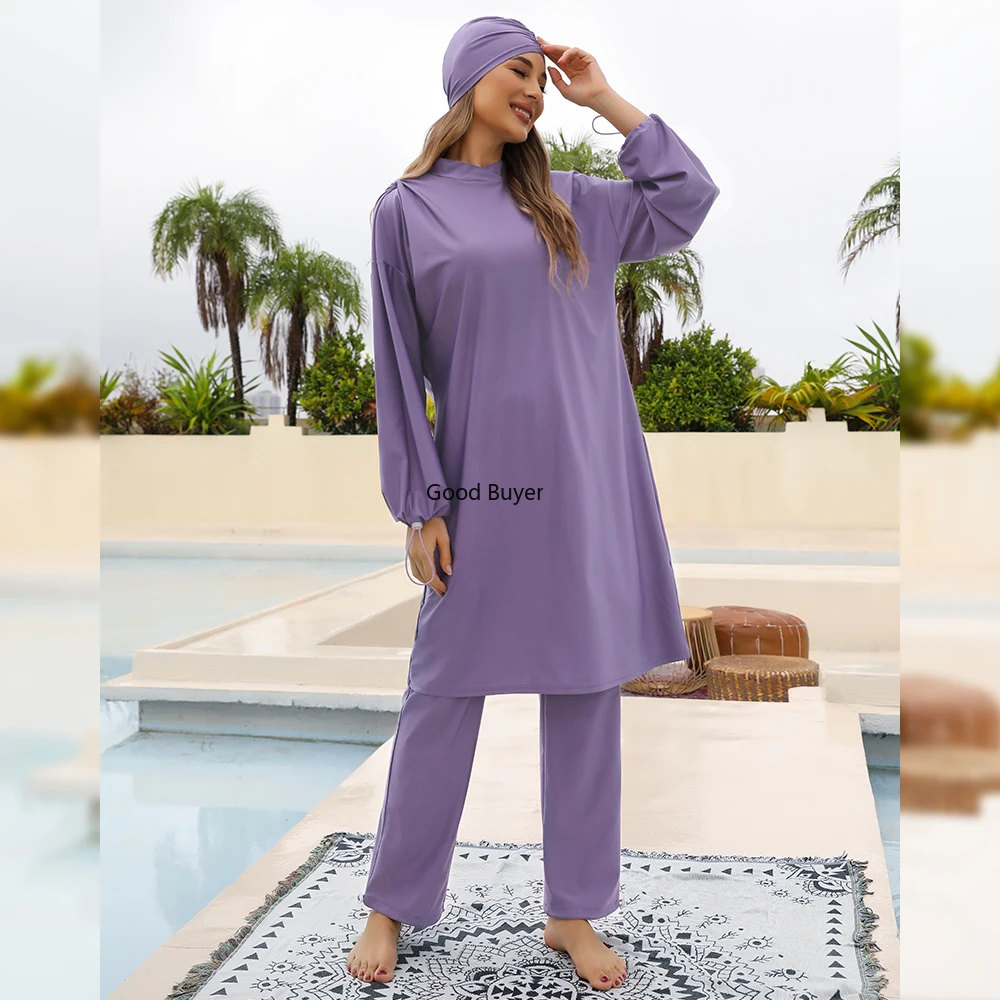 

Oem Purple Burkini Vrouw Modest Long Sleeves Sport Swimsuit Islamic Bathing Suit Loose Swimwear 3 Piece Set Burkini With Hijab