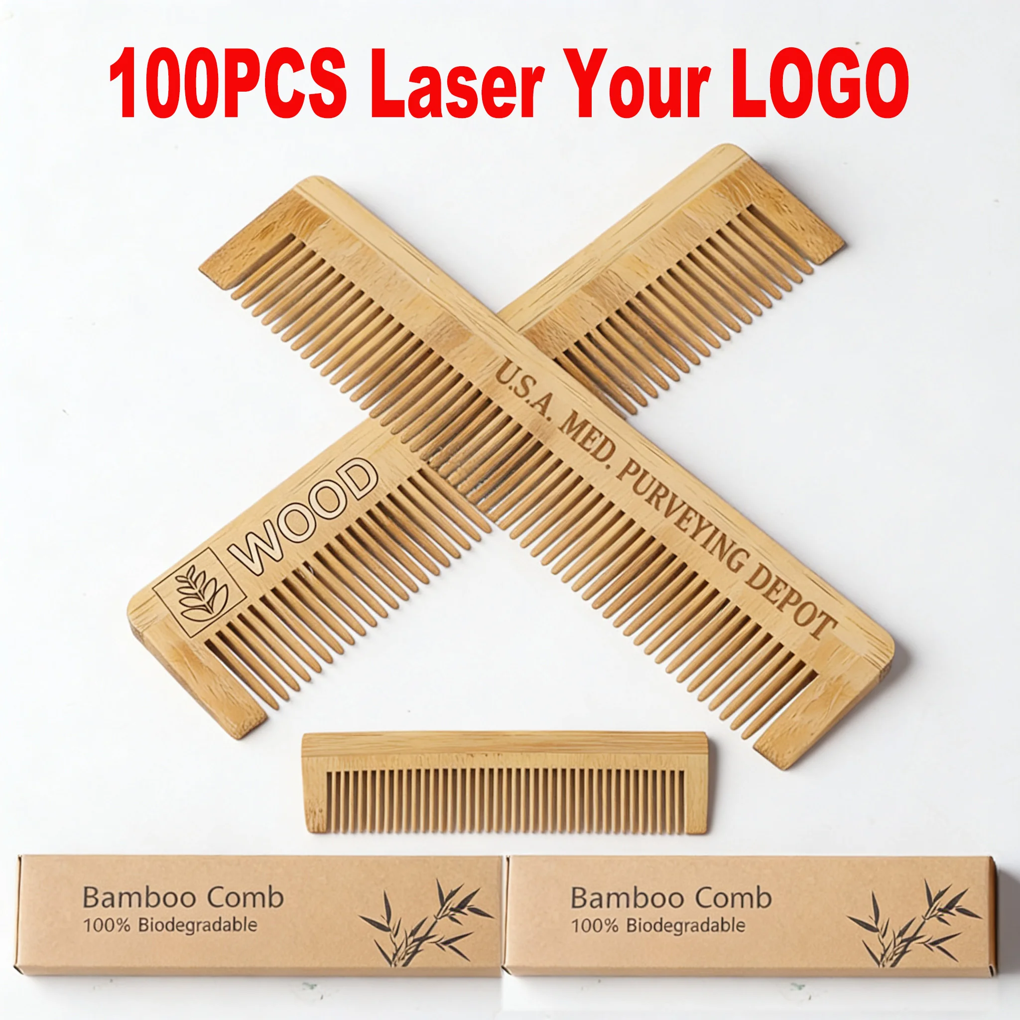 

100pcs Customized LOGO Bamboo Comb Wood Pocket Beard Comb,100%Natural Wooden Combs Beard,Hair,Mustache,Men&Women,Travel-Friendly