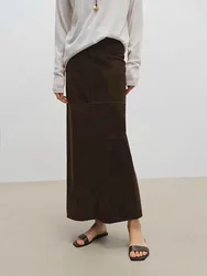 High Grade Sheepskin Suede Leather Long Skirt 80cm For Women New Imported Suede Jupe Back Split Waist Loop Faldas Ankle-Length