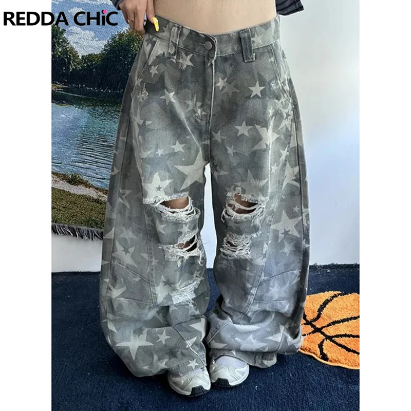 

REDDACHiC Boyfriend Camouflage Star Jeans Green Retro Low Rise Loose Casual Wide Leg Destroyed Barrel Pants Y2k Women Streetwear