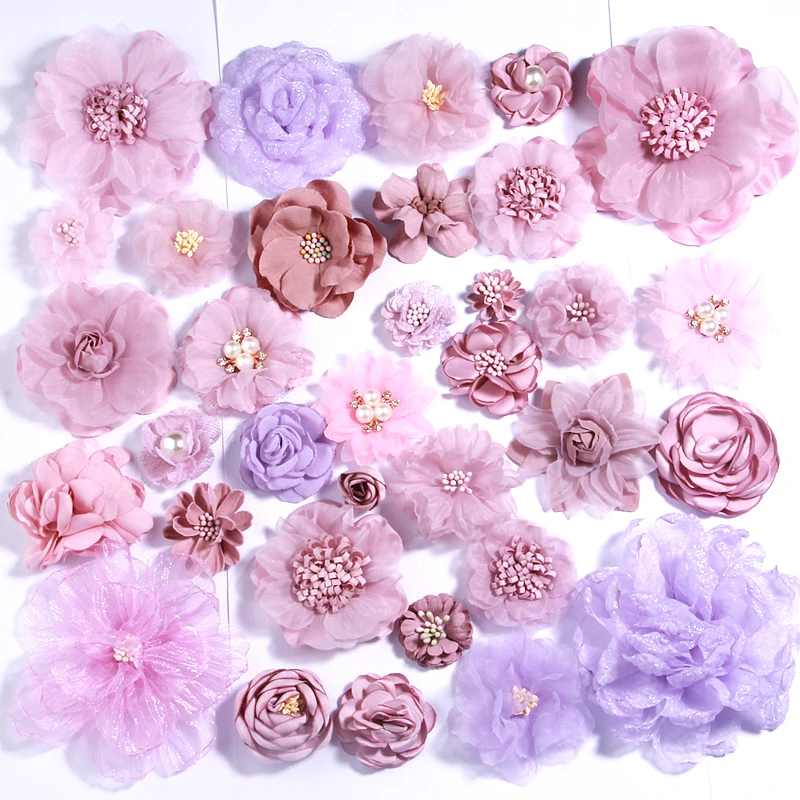 10Pcs Purple Pink Series Satin Chiffon Fabric Artificial Flowers For Wedding Dress Clothing Hats Decoration Craft Projects