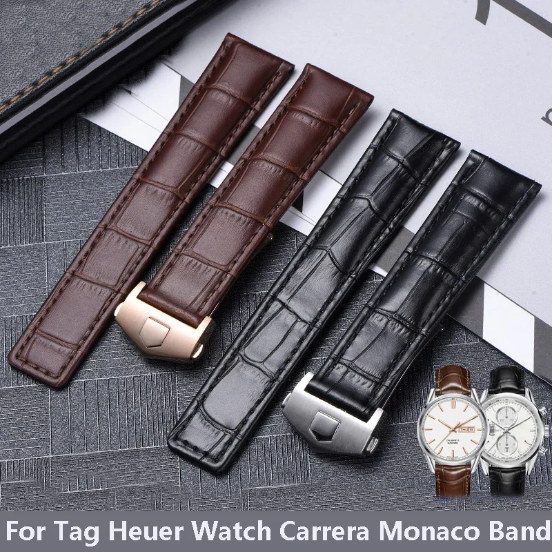 19mm 20mm 22mm Genuine Leather Strap for Tag Heuer Watch Carrera Monaco  Watch Belt Black Brown Bracelet Wristwatch Watchband