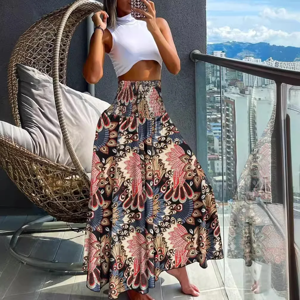 

Boho Print Skirts For Women 2024 Summer Casual Elastic High Waist A-line Big Swing Long Dress Vacation Beach Sexy Sun Skirt New