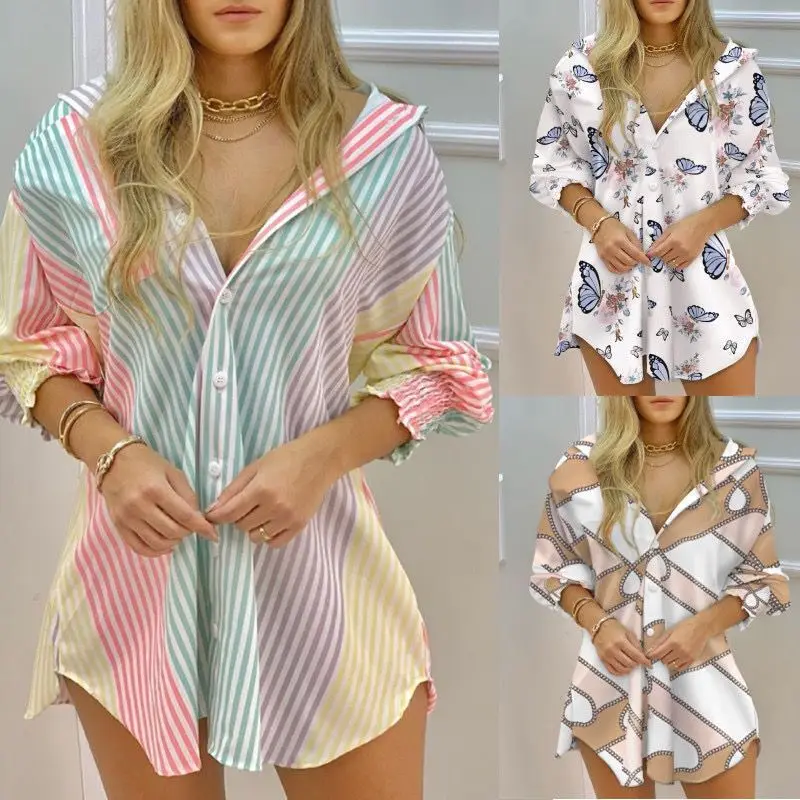 Fashion Striped Long Sleeve Buttons Women Shirt Dress Women 2023 Summer Fall Clothes Print Long Tops Femme Blouses Woman Shirts