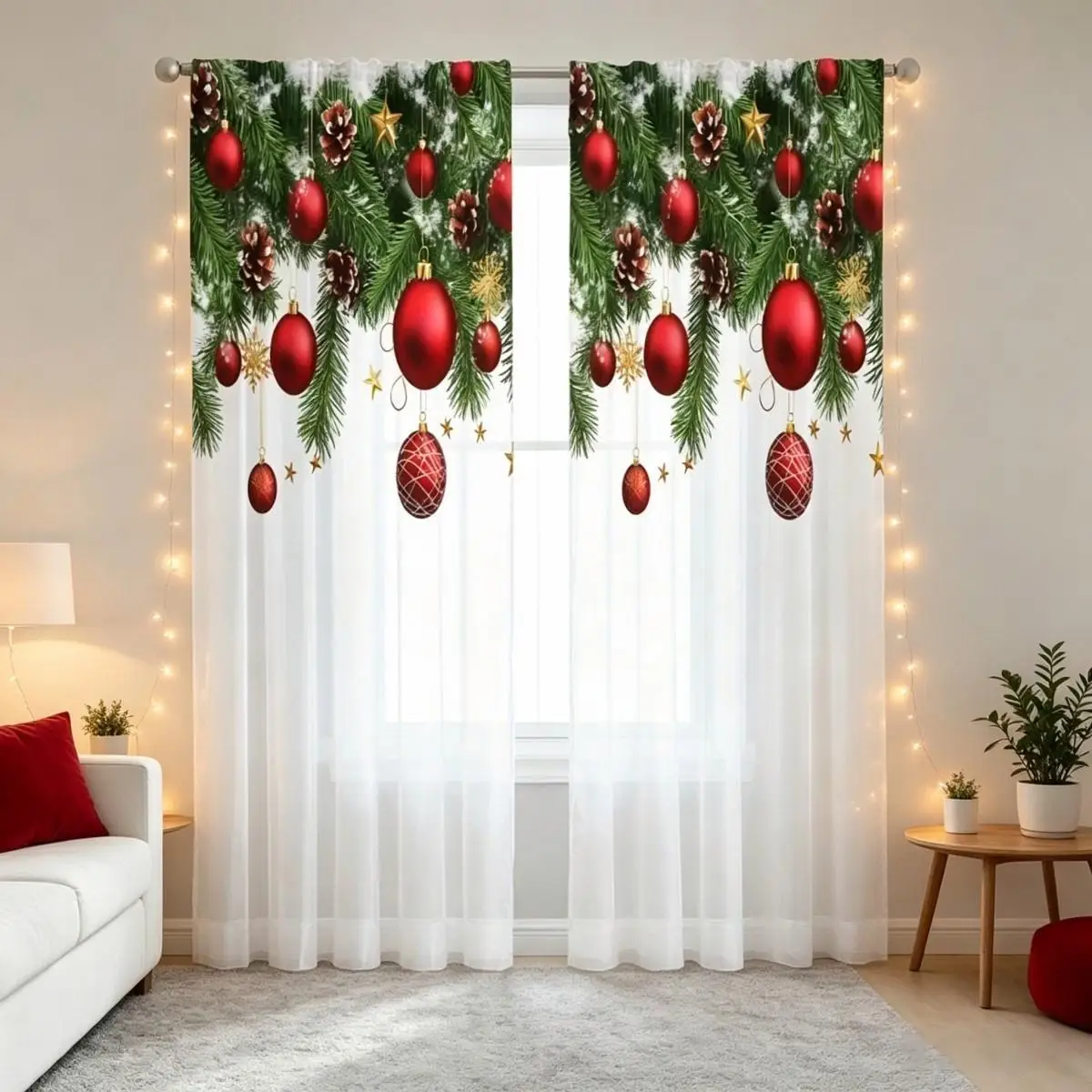 Pine Red Ball Print Sheer Curtains, Rod Pocket, Polyester, Home Decor, Window Drapes, Bedroom Living Room, Classic Decor