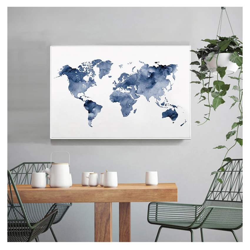 Poster Traveler Gift Abstract Watercolor Wall Art Canvas Painting Picture for Living Room Decor Blue World Map Print Navy