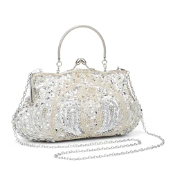 Retro Evening Bags For Women Clutch Bag Embroidered Sequins Beaded Chain Shoulder Bag For Dress Banquet Wedding Handbag Purse