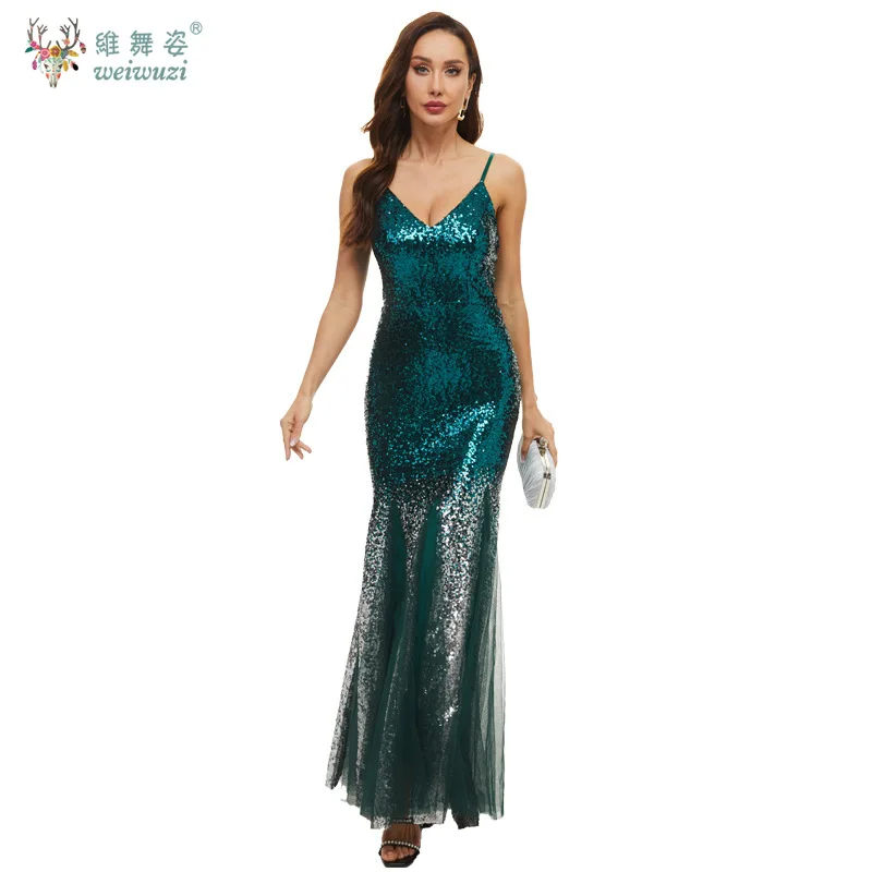 

Women's Banquet Light Luxury Sequined Spaghetti Strap V-neck Long Dress Gradual Change Color Fishtail Gossamer Evening Dress