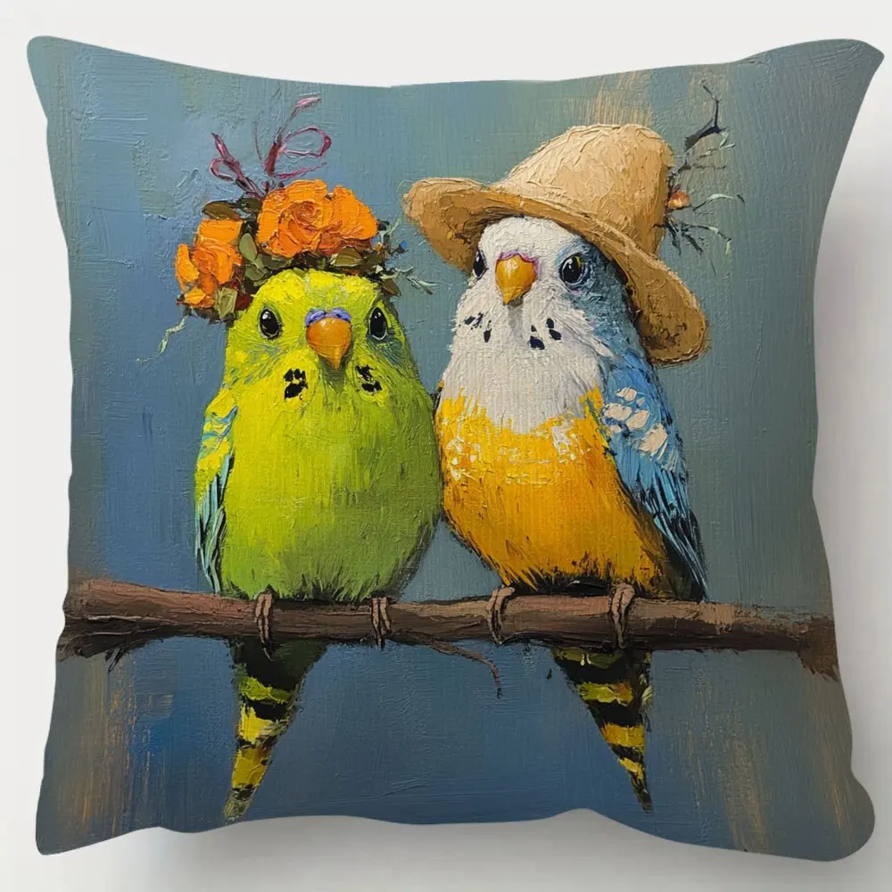 Cute Budgie Wearing Hat Double-Sided Pillowcase, Parakeet Bird Pattern Cushion Cover with Zipper, Washable Decor Case
