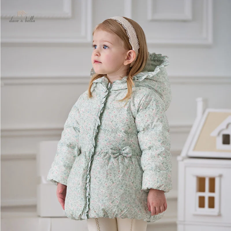 Dave Bella Children Girls Baby White Duck Down floral Outerwear 2024 Winter Kid Girl‘s Cute Sweet Parka Outdoor Warm DB4242659