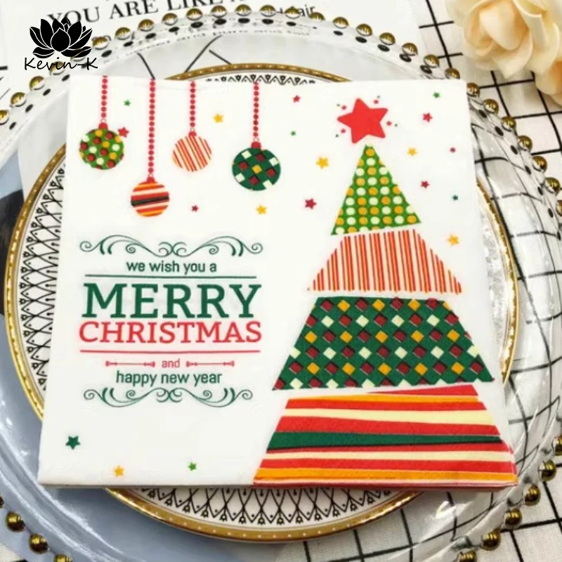 

New Christmas Tree Colorful Printed Napkins Square Paper Napkins Restaurant Cafe Folded Facial Tissue 2 Ply 33*33cm Food Grade