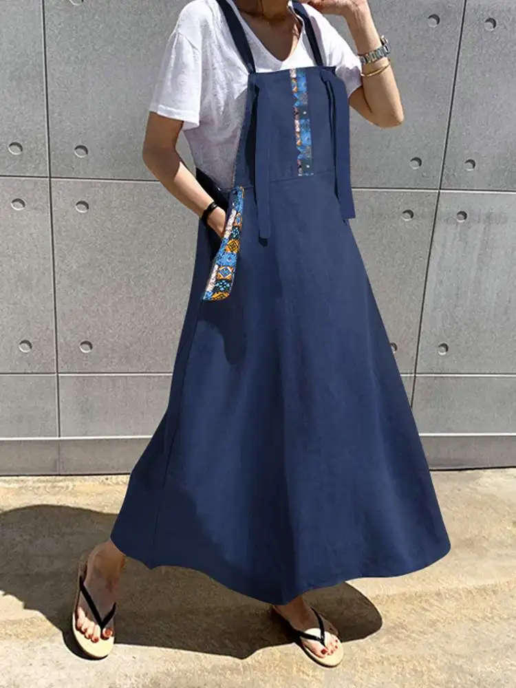 

Celmia Vintage Casual Apron Dress Womens Sundress 2023 Summer Overalls Printed Long Dress Loose Female Maxi Vestidos Party Robe