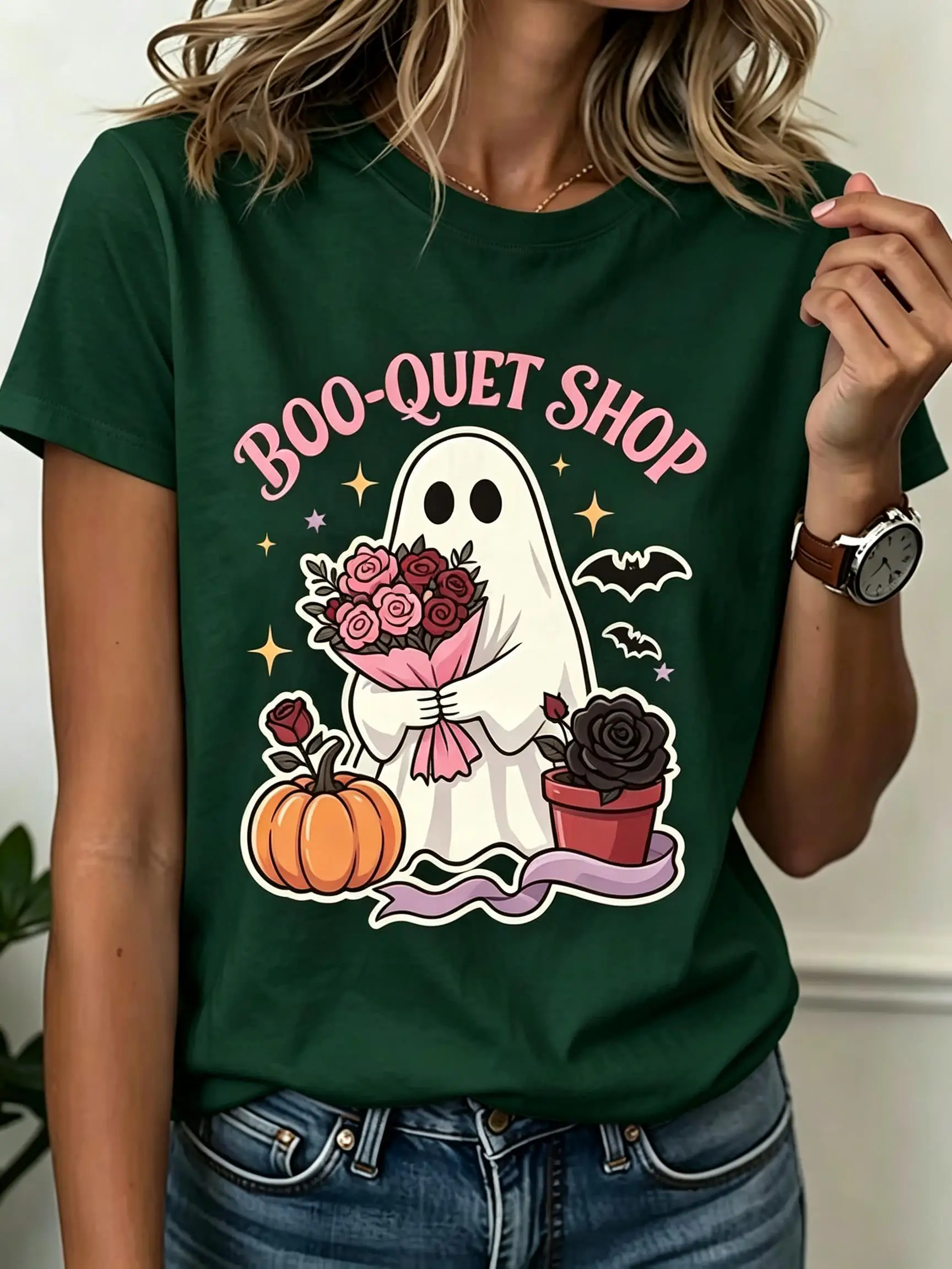 Women Round Neck Short Sleeve Tee Top Halloween Holiday Party Ghost Rose Pumpkin Print Casual Daily Wear Women's Clothes