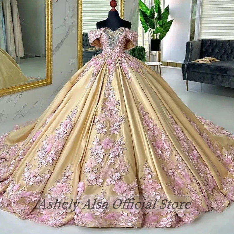 Customized Luxury Mexico Sweet 16 Dresses Prom Off Shoulder Flower Lace Up Vestido De 15 Anos Quinceanera Dress Pageant Wear