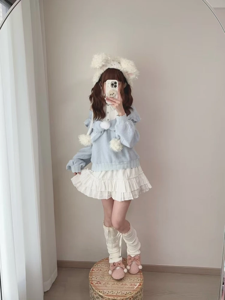 Autumn New Japanese 2025 Sweet 2-piece Set Women Design Off Shoulder Patchwork Bow T-Shirts Kawaii Lace High-waist Skirt Suit image 6