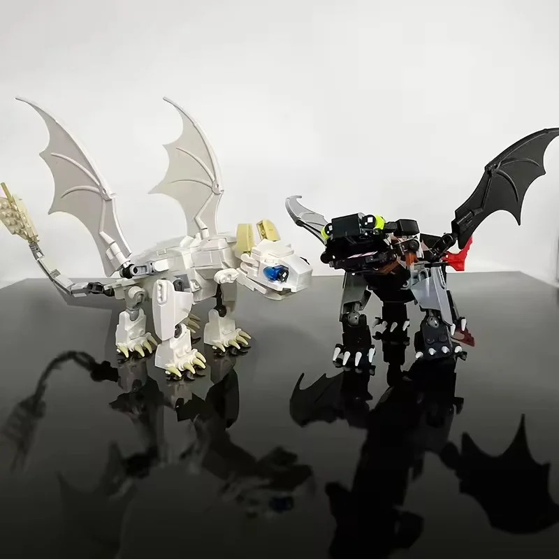 MOC Mattoni Anime Film Drago Volante Senza Denti Drago Bianco Nero Coppia Doppio Drago Personaggio Assemblaggio Modello Animale Giocattolo Regalo