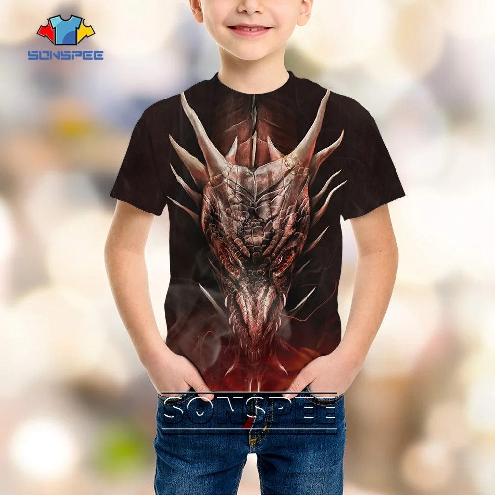 SONSPEE Western Style Divine Dragon 3D Print Child T-shirt Casual Sports O Collar Street Evil Dragon Kids Tops Shirts Streetwear