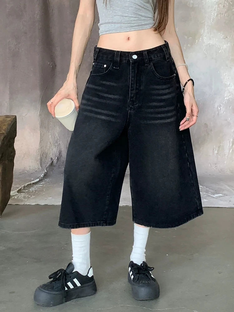 PBAP Whiskers Women Black Baggy Jeans Jorts Washed Distressed Low Rise Straight Wide Leg Denim Shorts Vintage Summer Streetwear