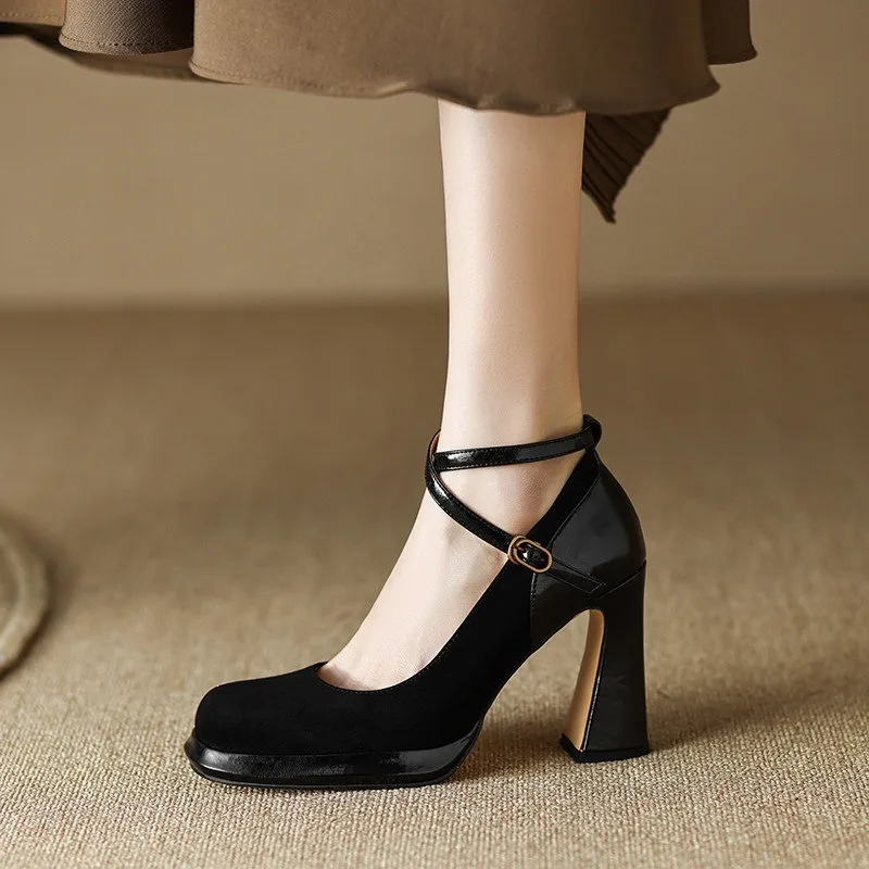 

Women's Shoes High Quality Suede Leather Thick Heeled Single Shoes Fashion Ankle Strap Designer High Heeled Wedding Party Shoes
