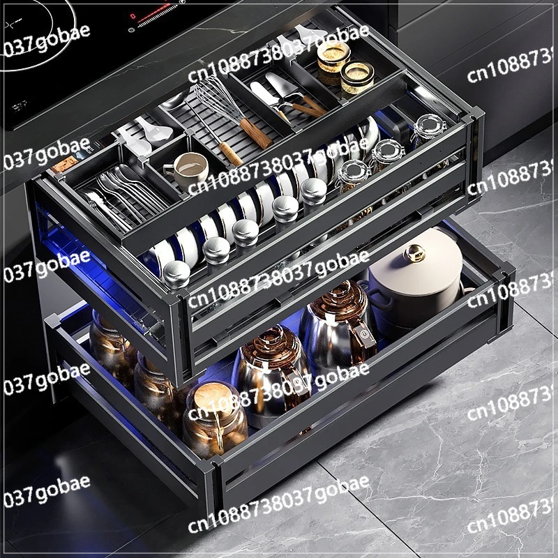 

Kitchen Cabinet Basket Drawer Open Door Two-layer Aluminum Alloy Dishes