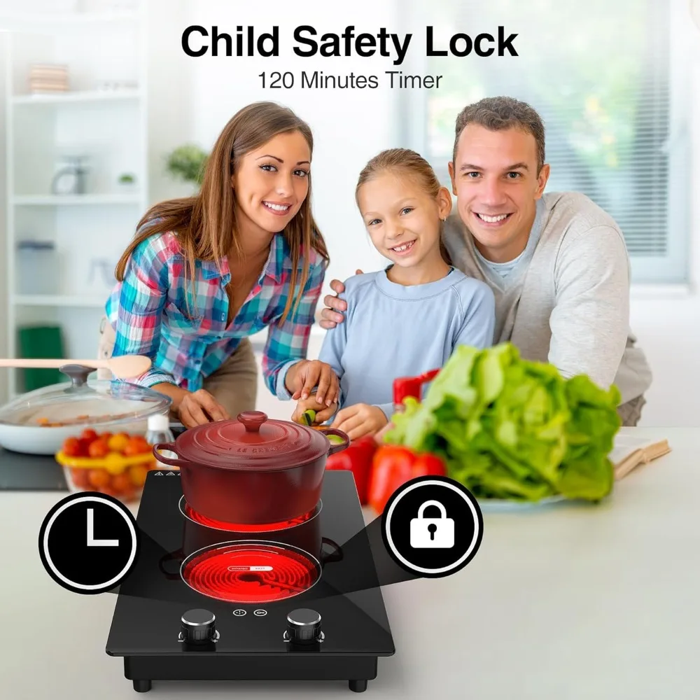 Cocina de Inducción eléctrica, 12 pulgadas, parte superior de estufa integrada, bloqueo de seguridad para niños, Control de perilla táctil LED, 2 quemadores de Cocina eléctrica