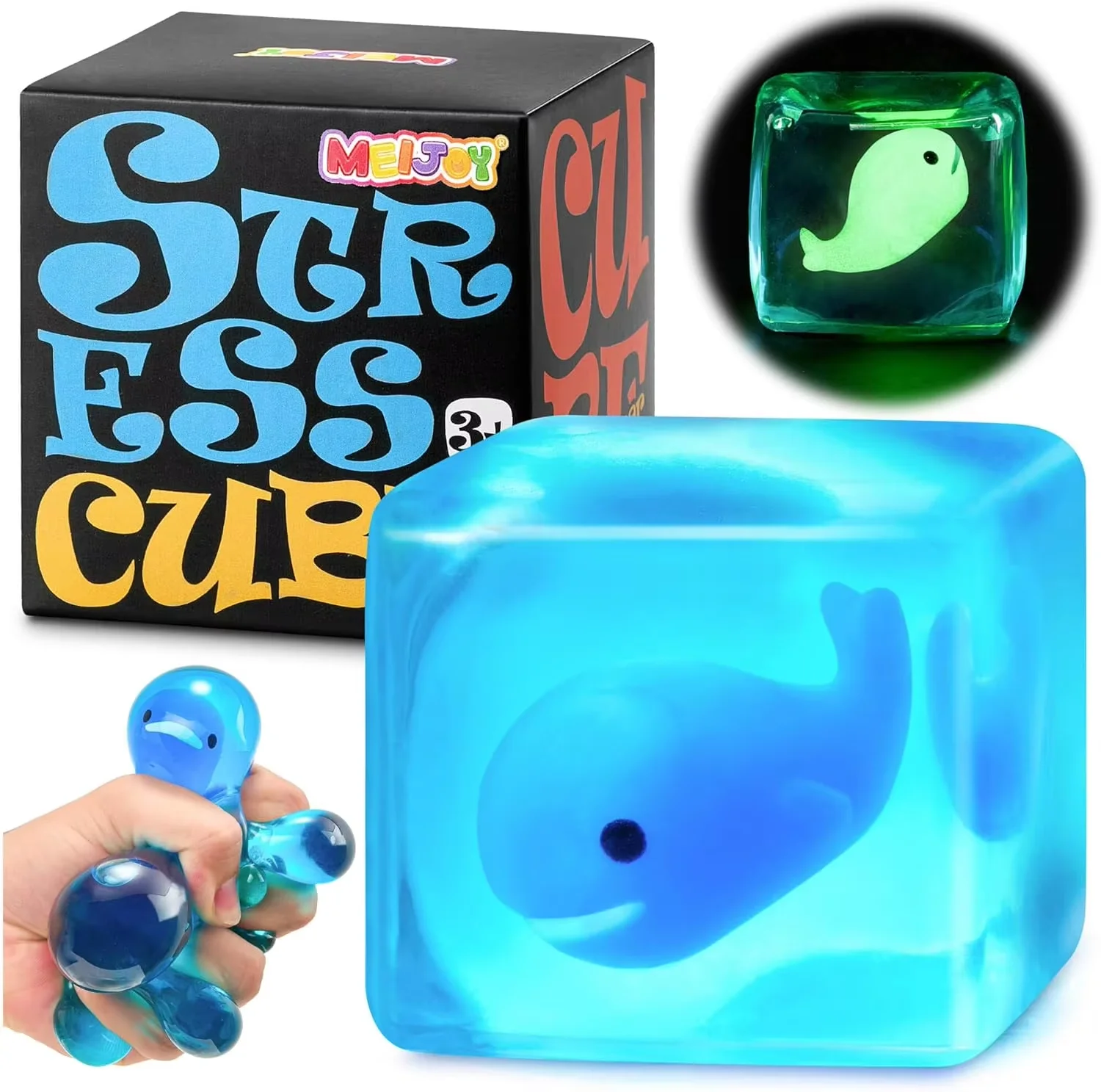 2026 Nee-Doh Nice Cube Stress Cube Squishy Fidget Kids s - Glow in The Dark Whale Squish Toy SensoryStress Balls