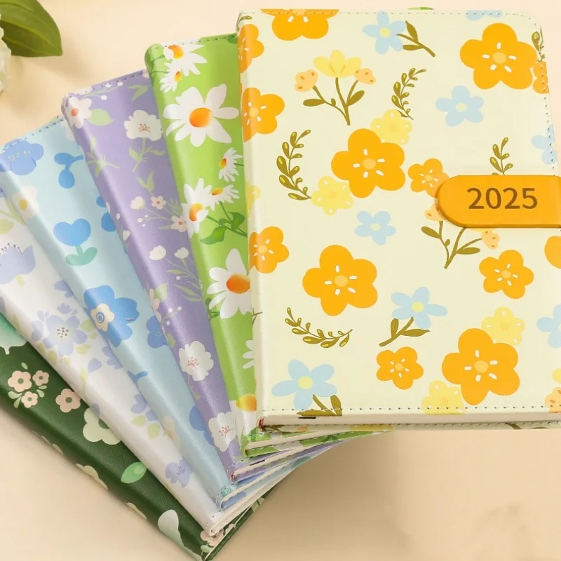 2025 Flower Daily Planners A5 Soft PU Leather 96 Sheet Agenda Notebook Time Management Efficiency Notepad Office School Supplies