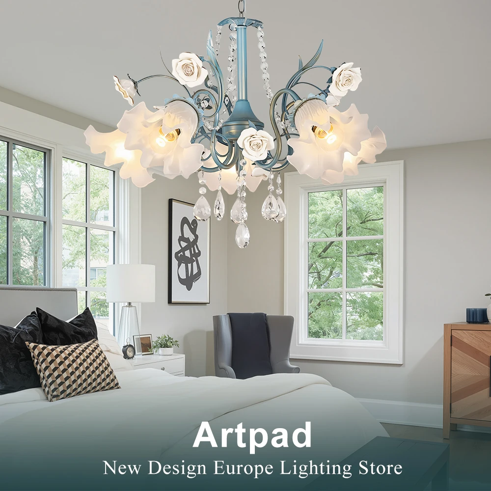Nordic Luxury Flower Chandelier For Kitchen Table Living Room Bedroom Blue Iron Pendant Light With K9 Crystal Ceramic Roses