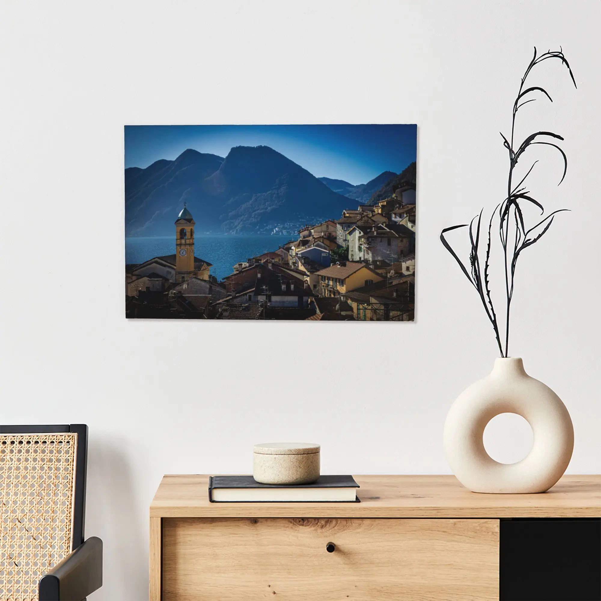 البحر الأبيض المتوسط نمط إيطاليا بحيرة كومو المناظر الطبيعية الخلابة المشهد ليكسايد العائمة مؤطرة قماش ملصق جدار ديكور