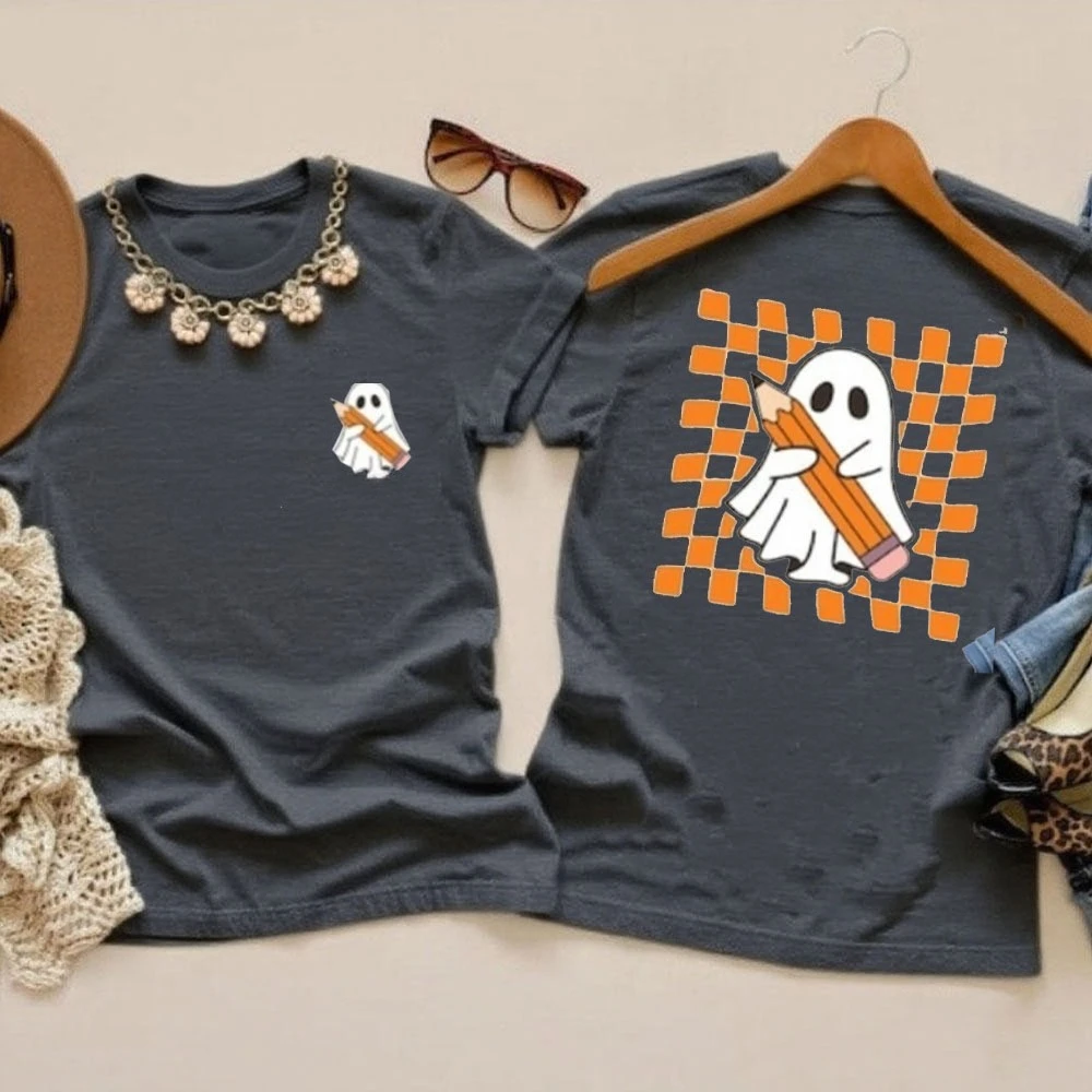 ハロウィン教師シャツかわいいゴースト教師ハロウィンシャツ、不気味な教師トップスオールハロウィンデイシンプルスタイル女性Tシャツ