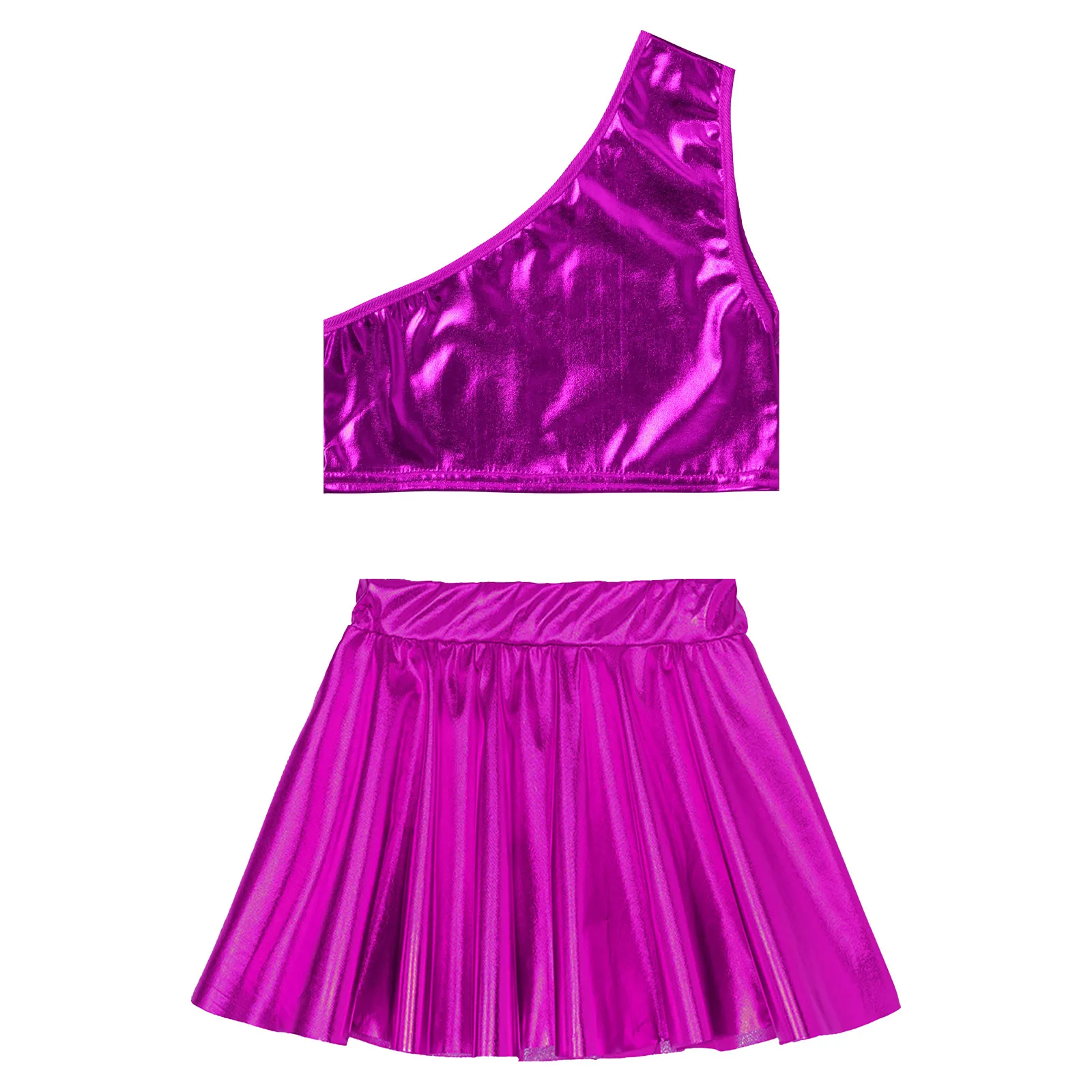 Kids Girls Competition Metallic Shiny Single Shoulder Crop Top with Elastic Waistband Skirt for Dance Performance Dance Dress