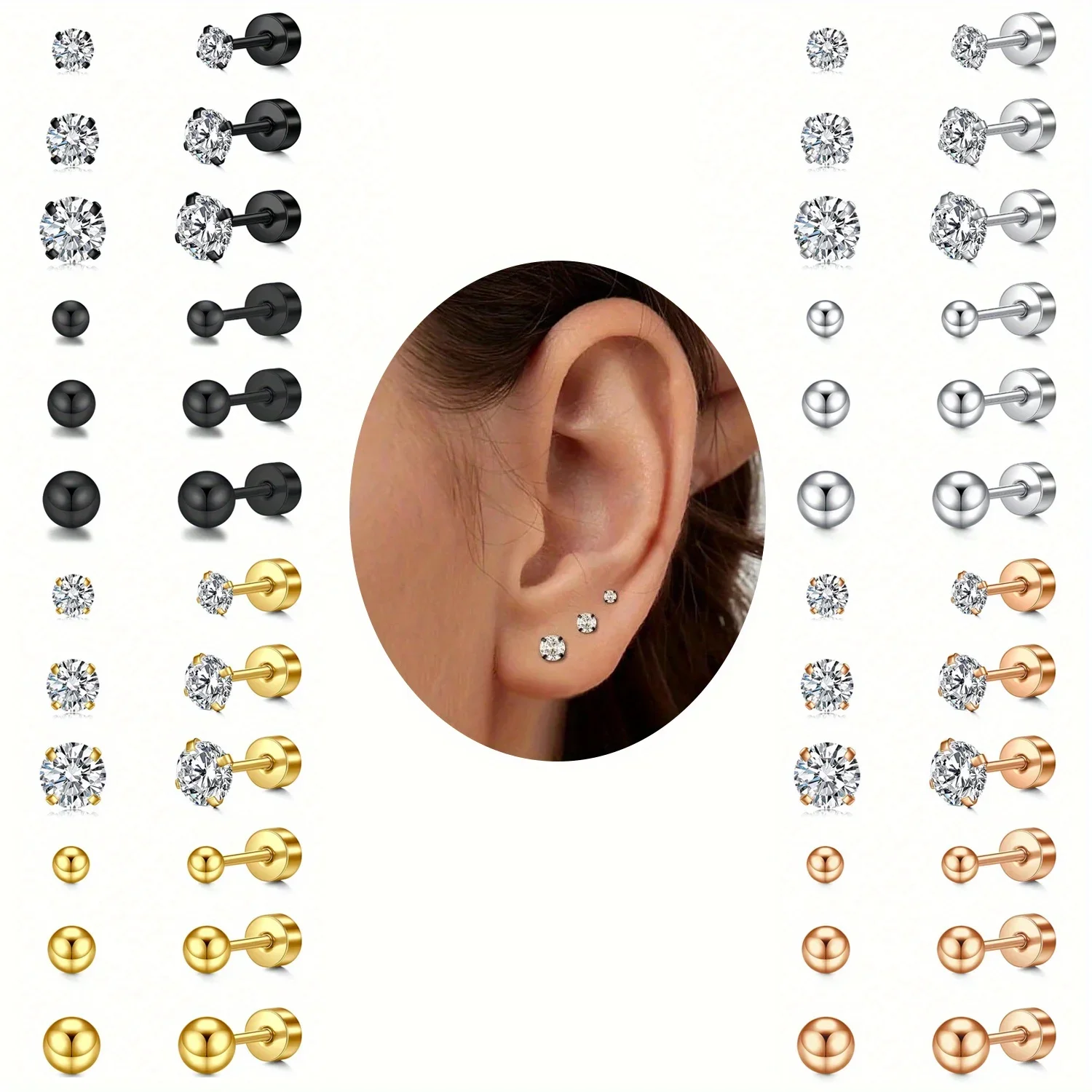 6 Pairs Classic Cute 16G Screw Back Stud Earrings, Synthetic Cubic Zirconia Ball Earrings for Women, Daily & Gift Occasions