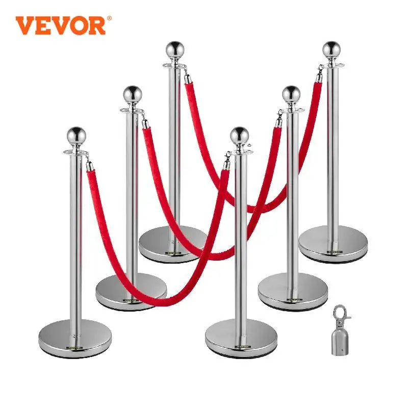 VEVOR Stanchion Post with Velvet Ropes 6-Pack Crowd Control Stanchion with 3PCS 5FT Red Velvet Ropes for Events Museums Parties