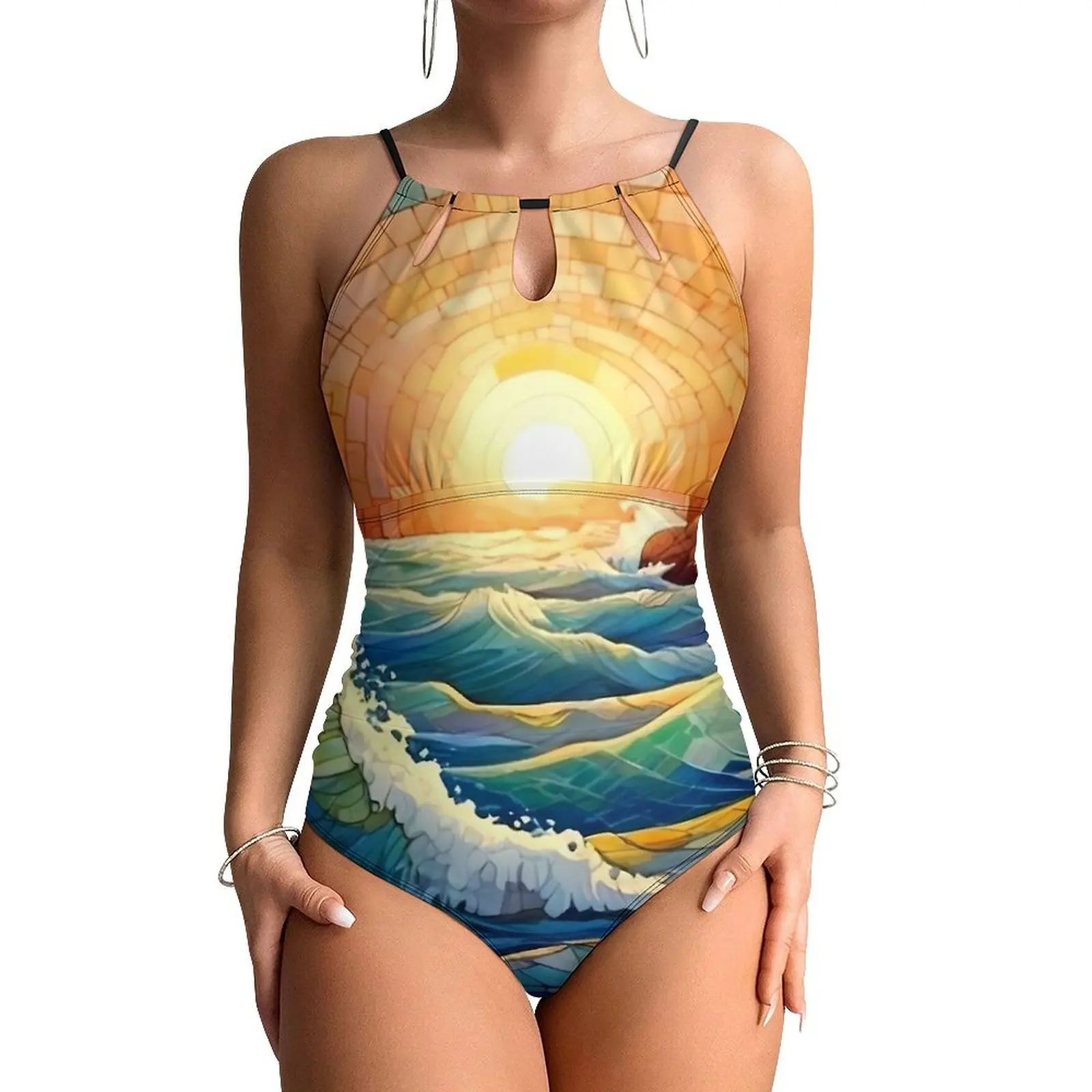 Colorful Mosaic Wave Swimsuit  Push Up Swimwear One-Piece Fitness Bathing Suits Swimsuits Sexy Graphic Beach Outfits Large Size