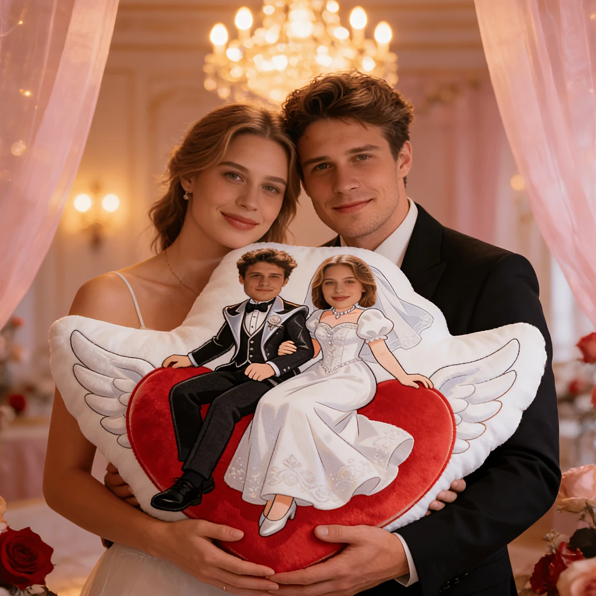 Custom Heart-Shaped Wing Wedding Couple Pillow, Wedding Photo Doll Pillow, Suitable for Room Decoration, Sofa, Chair, Father'S D