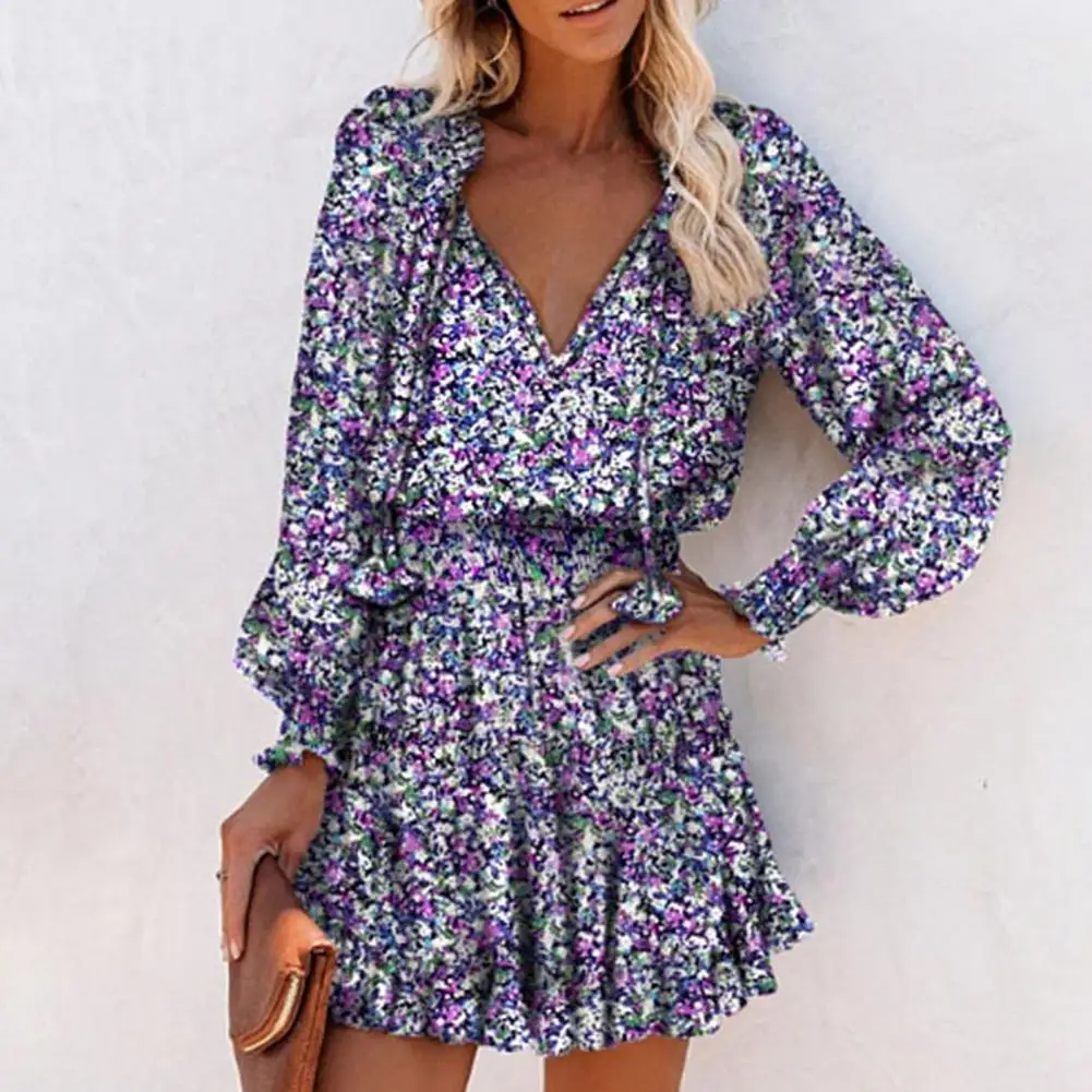 V-Neck Lace Up Mini Dress Popular Breathable Waist Tight Long Sleeve Colorful Floral Print Ruffle Hem Party Dress Female Clothes