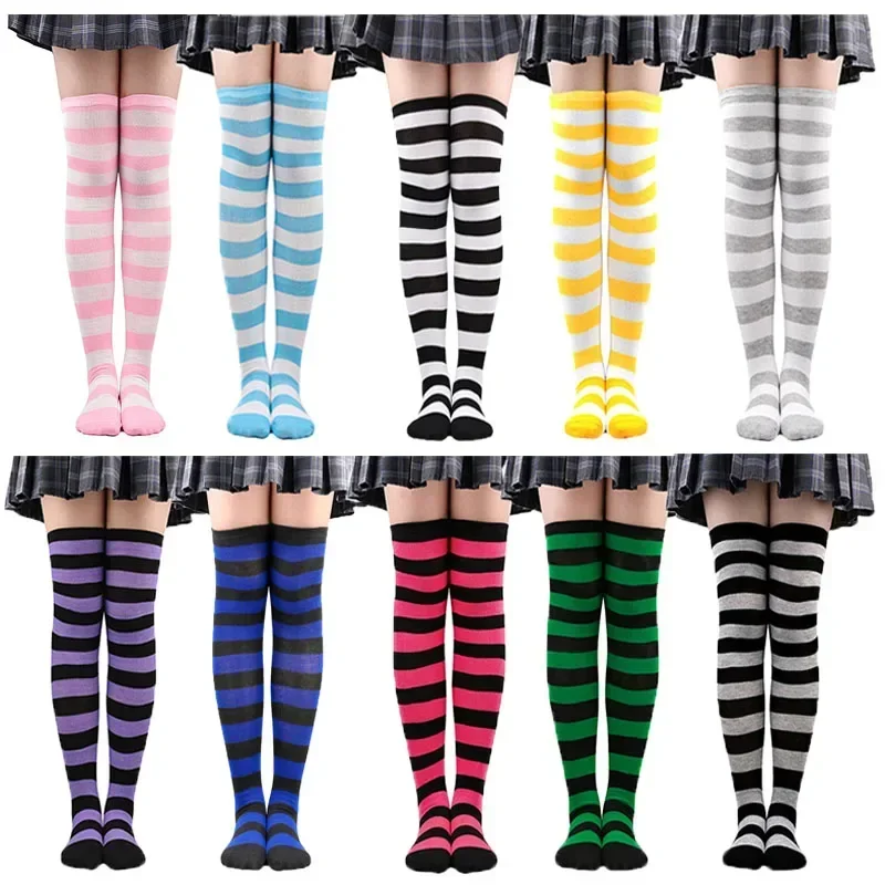 Women's Color Striped Stockings Japanese Over Knee Socks Fashion Women Keep Warm Soks Slim Long Soks Black White Striped Ho