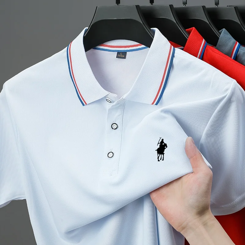 Herren Kurzarm-Poloshirt mit Emblem auf der linken Brust, mehrfarbigem Kragenbesatz, dreiknopfiger Knopfleiste, lässiges Business-Sommer-Oberteil T-Shirt
