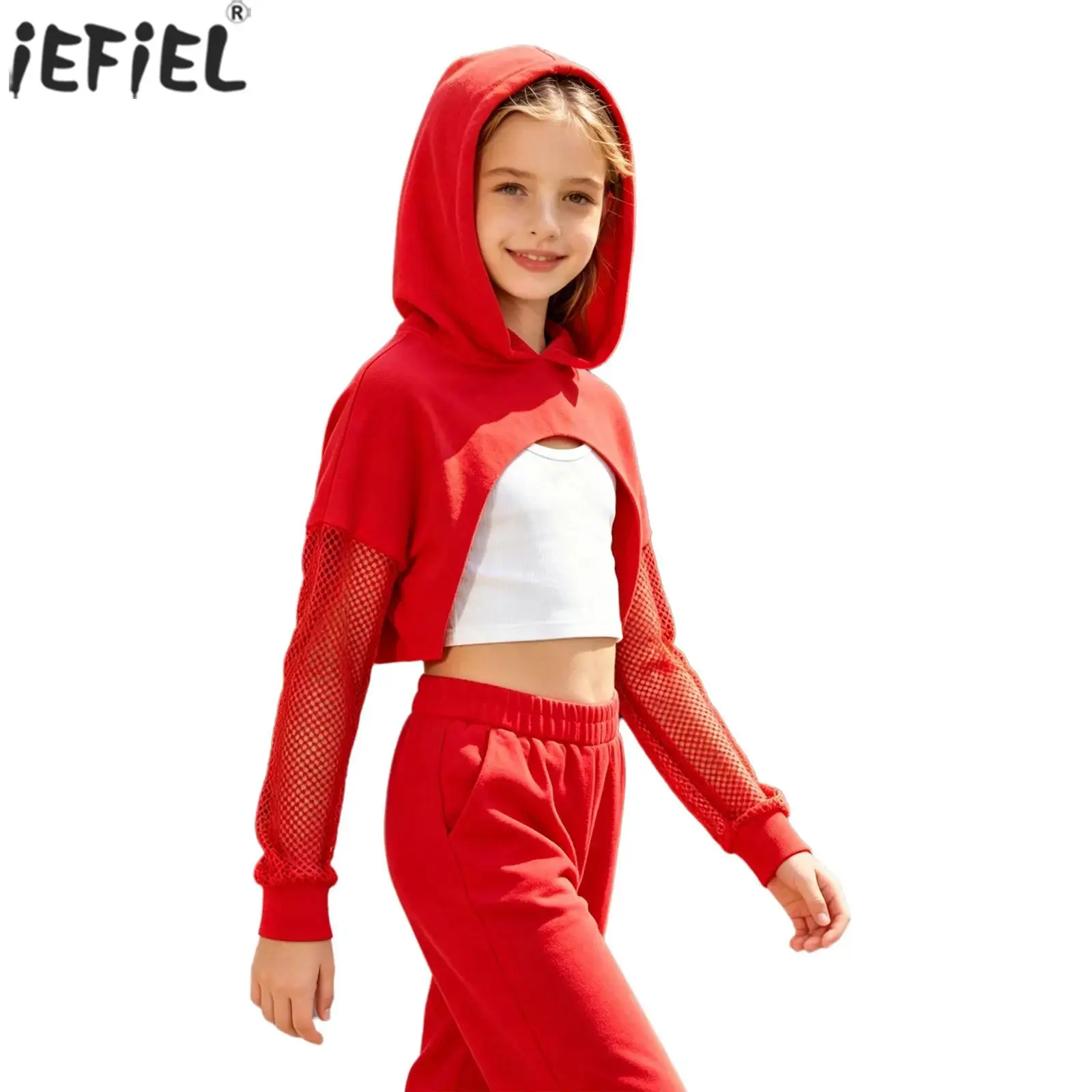 Kids Girls Hip Hop Jazz Dance Hooded Crop Top Sheer Mesh Long Sleeve Hoodie Tops Street Modern Dancing Stage Performance Costume