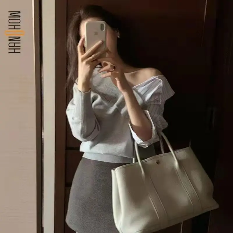 Fashion Striped Spliced Asymmetrical Blouses Women's Clothing 2023 Autumn Winter Loose Casual Pullovers Fake Two Pieces Shirts