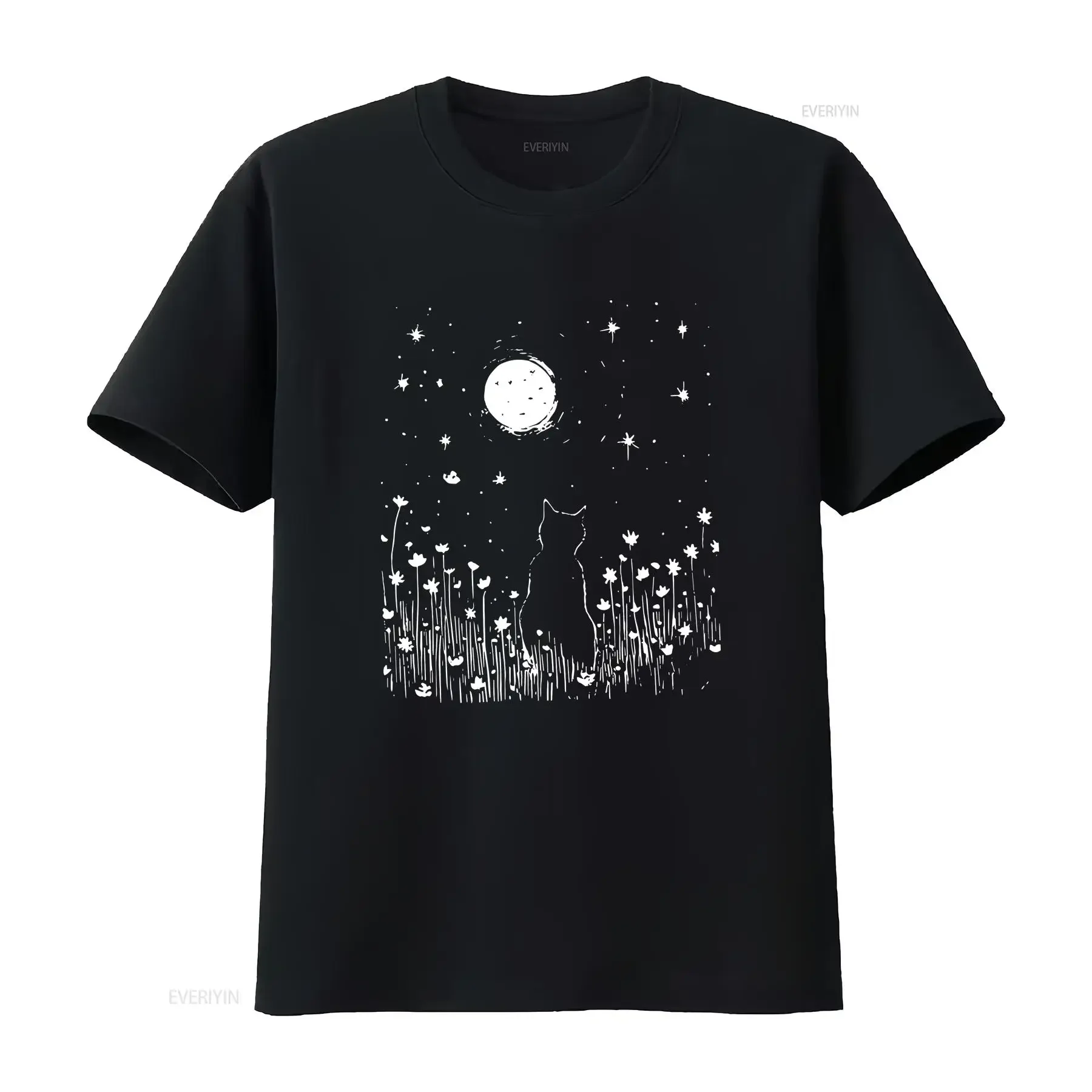 100 Cotton Women's Starry Sky and Cat Print Round Neck T shirt vintage Washed Stylish homme Stretched Comfortable Versatile