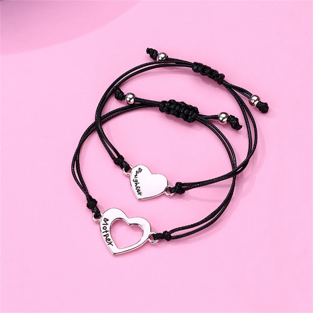 2Pcs Mother and Daughter Hollow Heart Braided Bracelet Adjustable Love Wrist Rope Bangle DIY Jewelry Accessories Festival Gifts